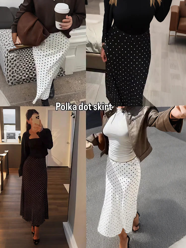 Talenza White Polka Dot Skirt Elegant Fashion Contrast Slim High Waist Patchwork Skirts Luxury New Party Women's Y2k Maxi Skirt