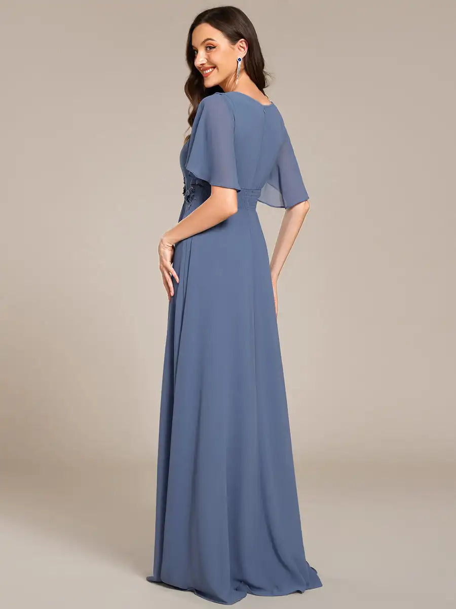 Evening Dresses Short Sleeves Pleated Applique Floor-Length Ever Pretty