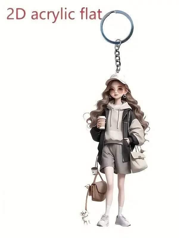 1 Cute Acrylic Girl Keychain, 2D Flat, Holiday Gift, Backpack