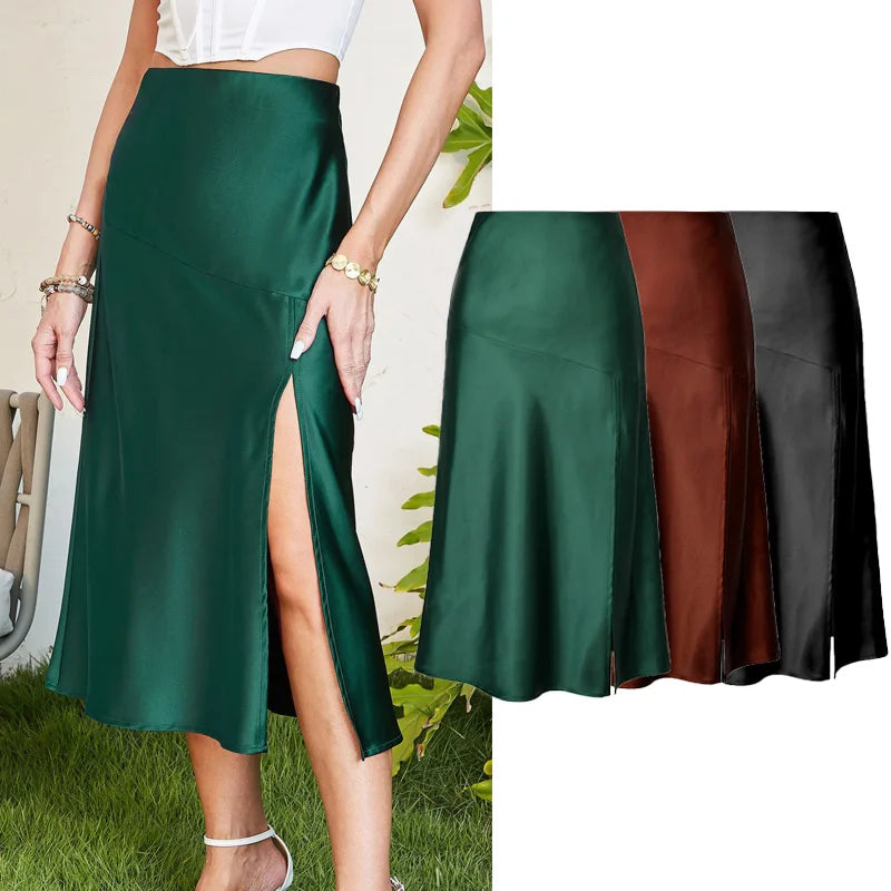 Women Split Skirts Summer Soft Satin Skirt Women'S High Waist A-Line