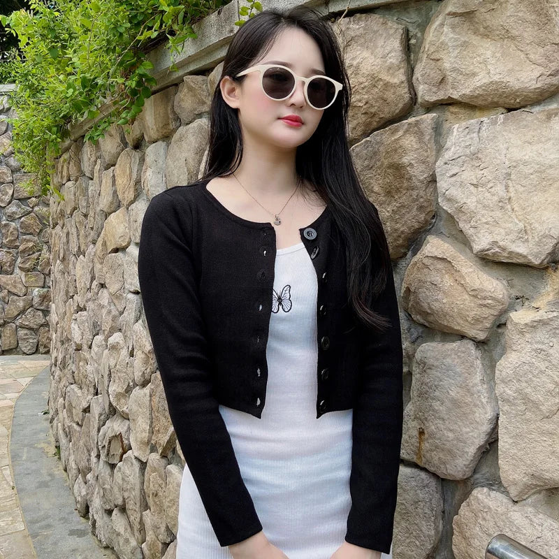 Knitted Ladies Sweaters Outerwear Black Blouses Clothing Crochet Top Jersey Cropped Tricot Korean Fashion Style Cardigan Female