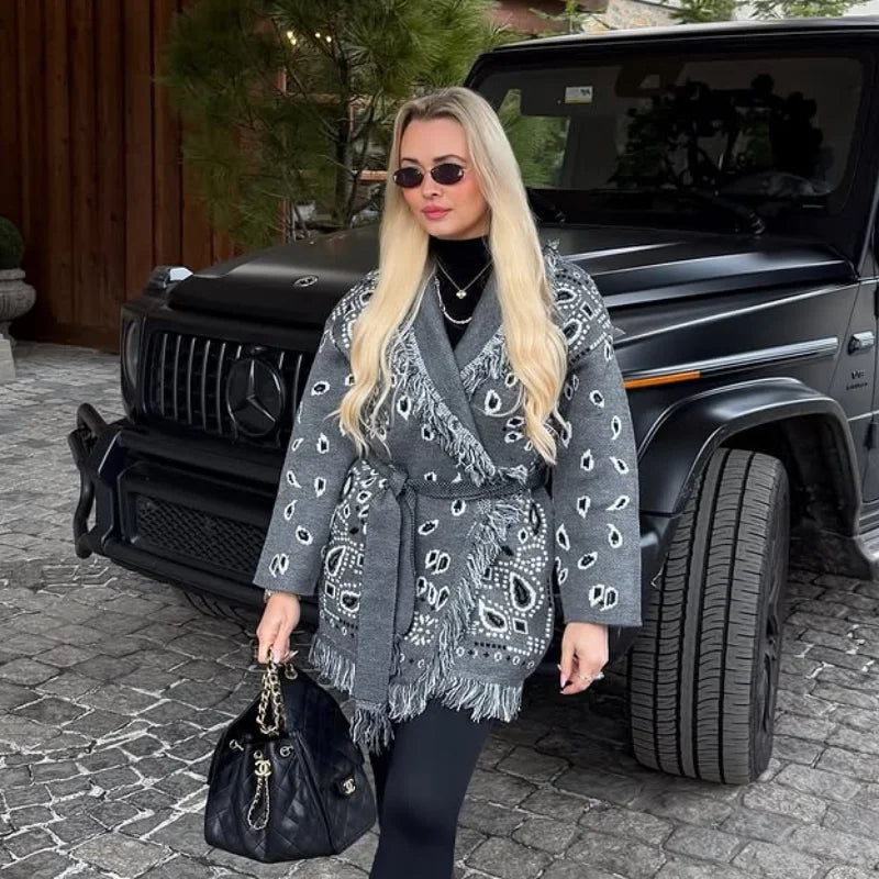Tassel Patchwork Printed Cardigan Women Geometric Patterns Belts V-neck Long Sleeve Knitted Street Lady Sweater 2025 Autumn Coat