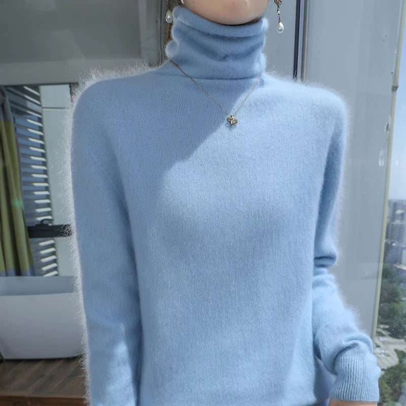 100% Pure Mink Cashmere Knitted Pullovers Women High-Neck Loose Large-size Sweater Casual Warm Tops Autumn and Winter Base Shirt