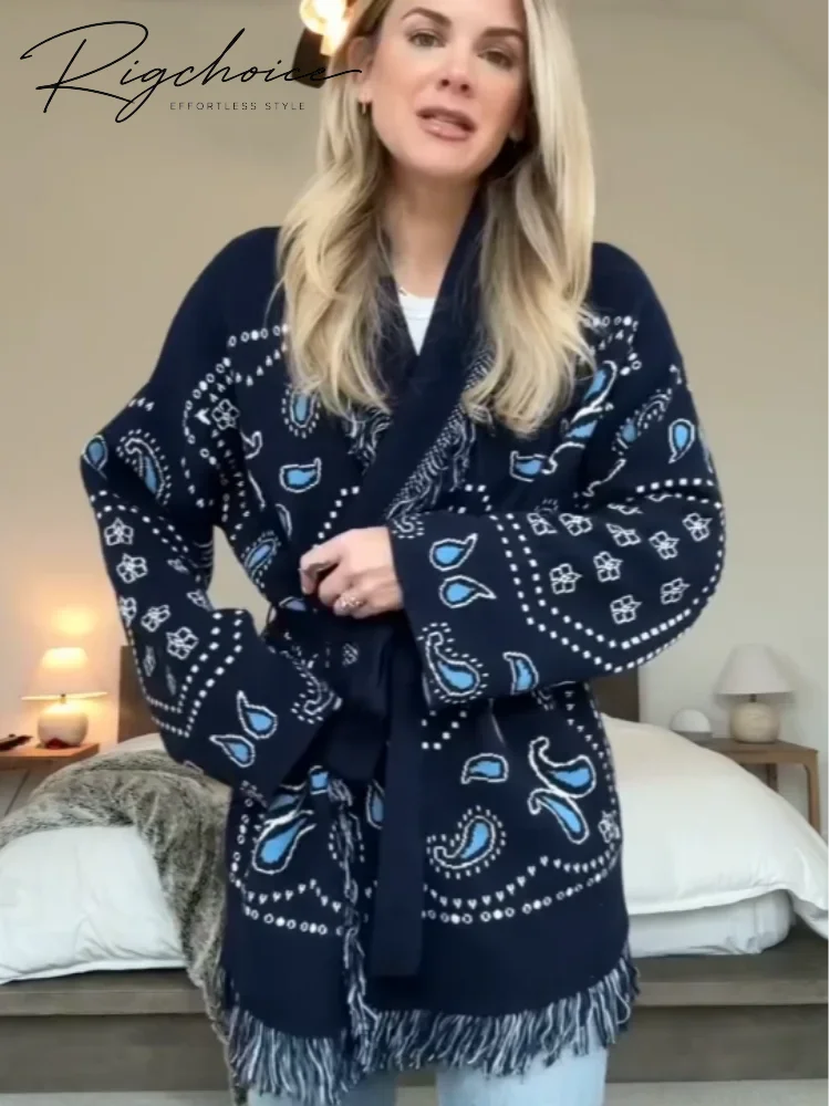 Tassel Patchwork Printed Cardigan Women Geometric Patterns Belts V-neck Long Sleeve Knitted Street Lady Sweater 2025 Autumn Coat
