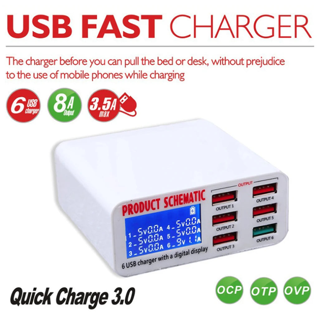 8A QC3.0 USB Charger With LCD Display 6 Ports Desktop Mobile Phone