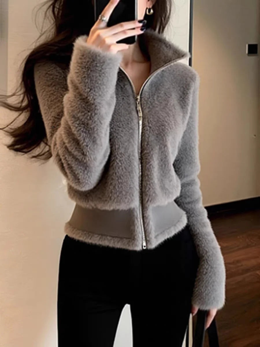 Fashionable Early Winter Jacket Elegant Grey Fur Trim Waist-Cinching Short Coat Velvet Material Long Sleeve Women's Outerwear
