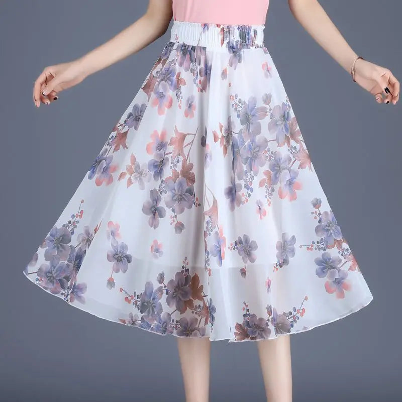 Female Skirts Floral To Knees Length Women'S Skirt Chiffon Vintage Cheap
