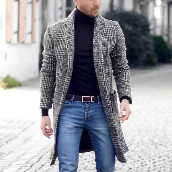 2026 Winter Clothing Men's Fashion Trench Luxury Long Woolen Coats Grey Casual Plaid Button Vintage Blends Windbreaker for Men