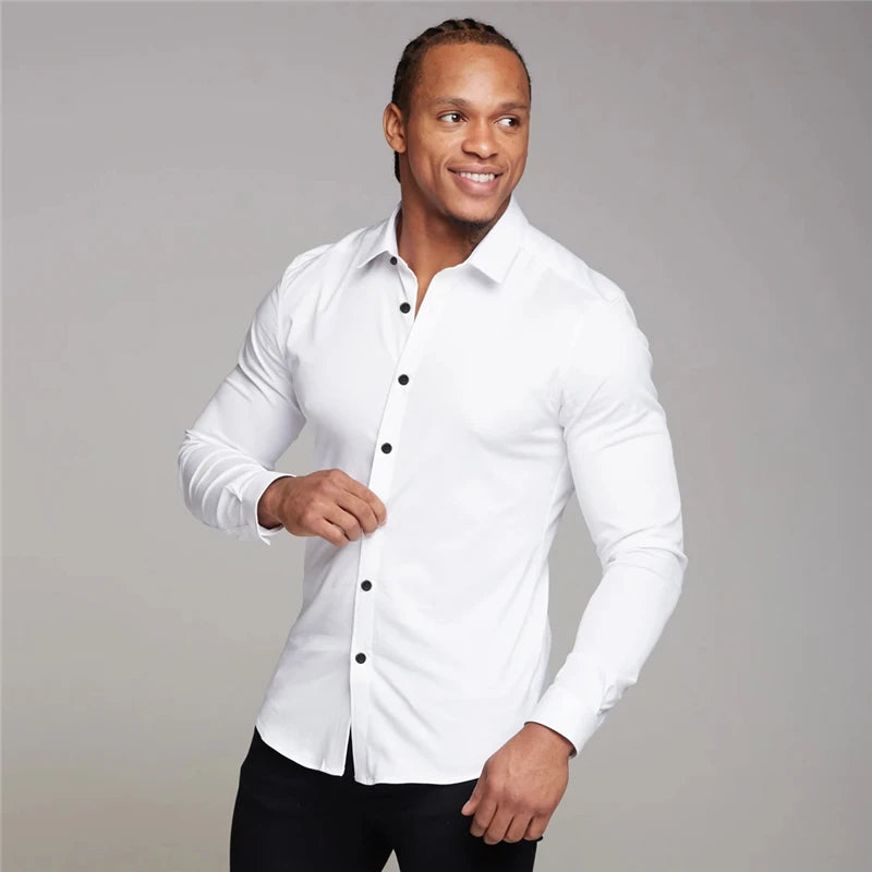 New Autumn Fashion Men Solid Color Fitness Turn-down Collar Button Super Slim Fit Muscleguys Business Dress Shirt