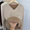 Thickened Fleece V-Neck Long Sleeve Women's Knitwear Autumn Winter Warm Soft Mink Velvet Slim Fit Crew Neck Pullover Top