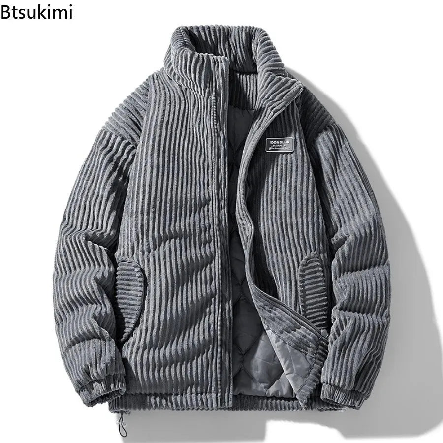 New Winter Fashion Casual Parkas for Men Stand Collar Solid Color Outerwear Corduroy Thicken Warm Jacket Cotton-padded Jacket