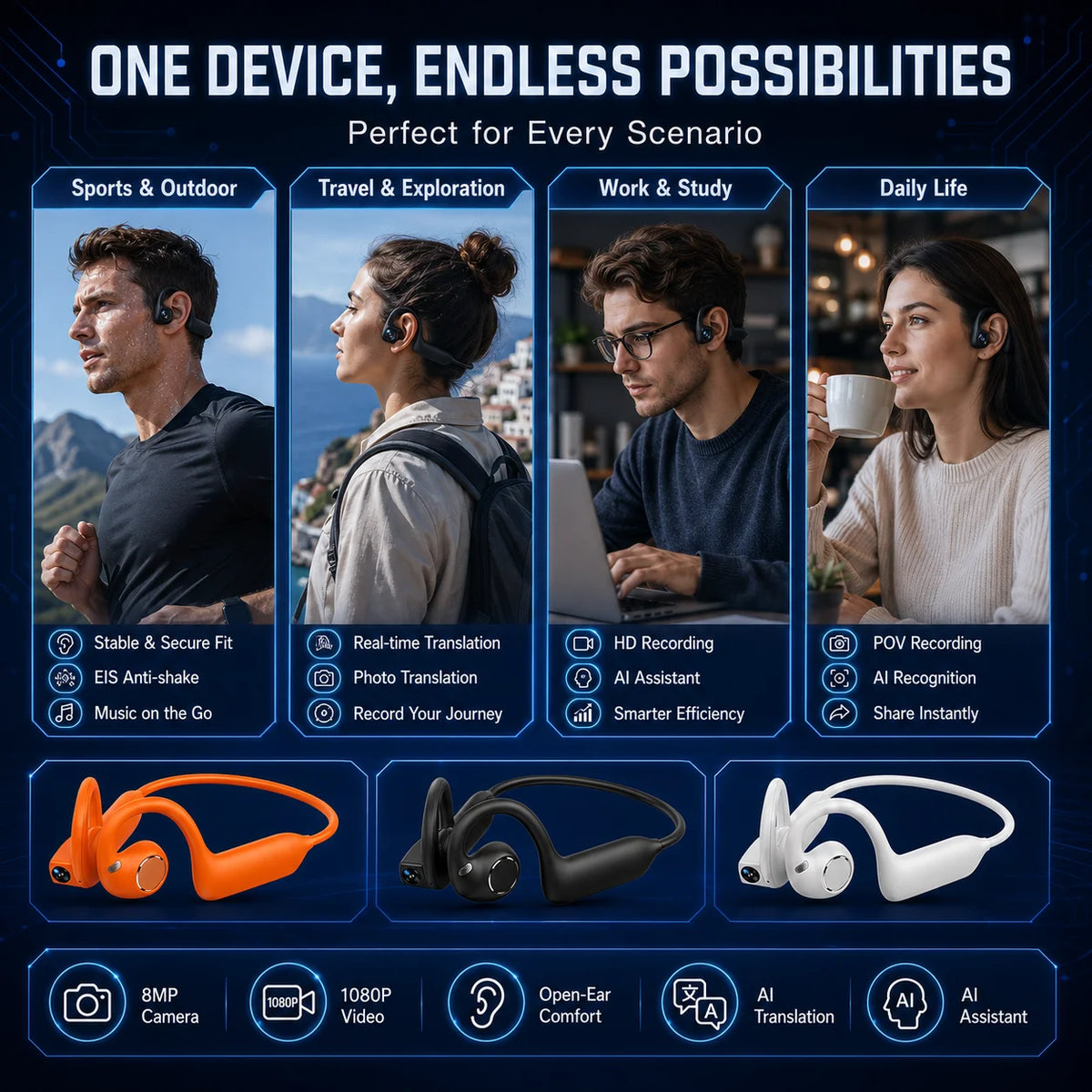 Smart Earphones Dynamic Sound Effects Music Bluetooth HD Calls 800W