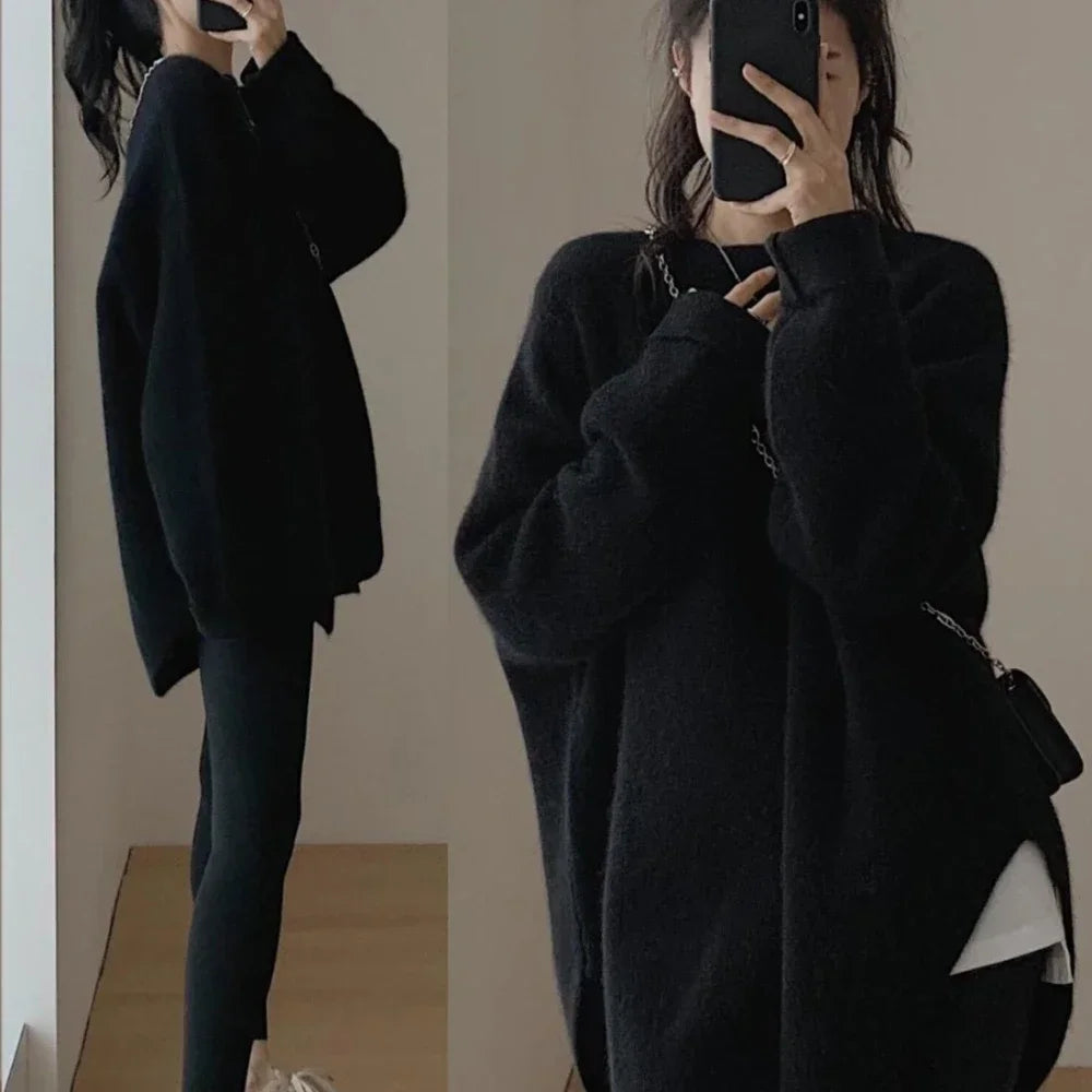Knitted Top for Women Round O Neck Black Ladies Sweaters Red Long Pullovers Pink Streetwear Winter Thermal Blouse Warm Modern