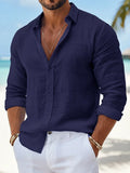 Men's Linen Shirt for Summer Beach Wear with Buttons, Solid Color Cotton Linen Long Sleeved Shirt, Comfortable and Breathable