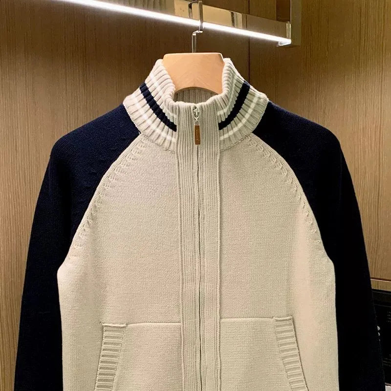 Fashion Color Block Knitwear Men's Winter Warm Casual Half High Zipper Sweater Coat Soft Double Knit Vintage Style