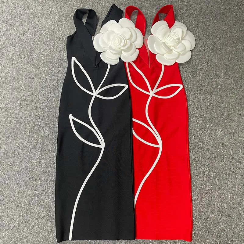 Women'S Evening Dresses Strapless Tie White Flowers Bodycon Bandage Long