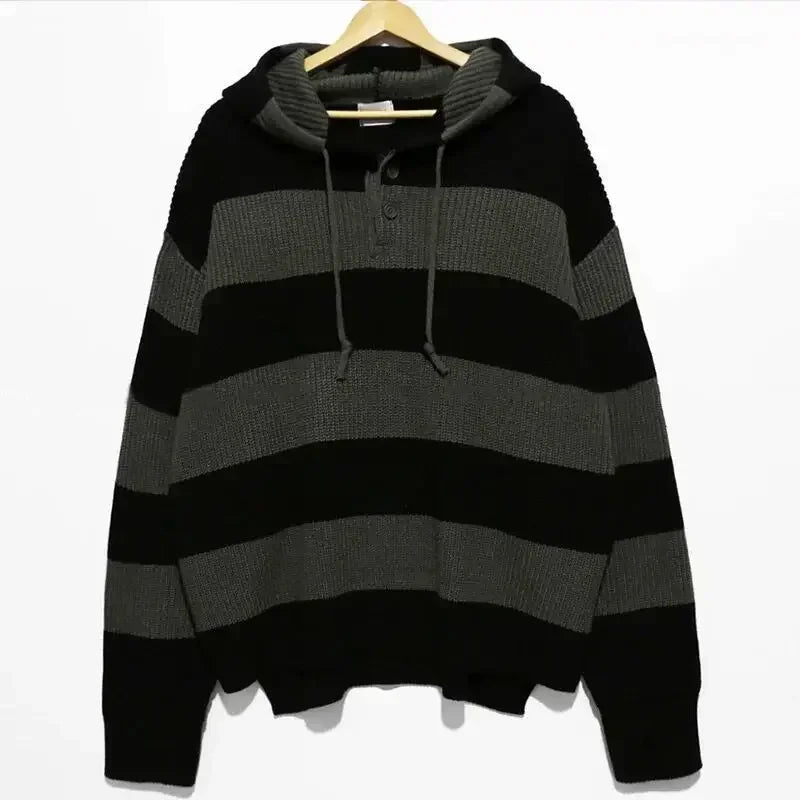 Knit Sweater Male Loose Fit Striped Men's Clothing Black Spliced Pullovers Korean Fashion Hoodies Y2k Streetwear New in Tops A V