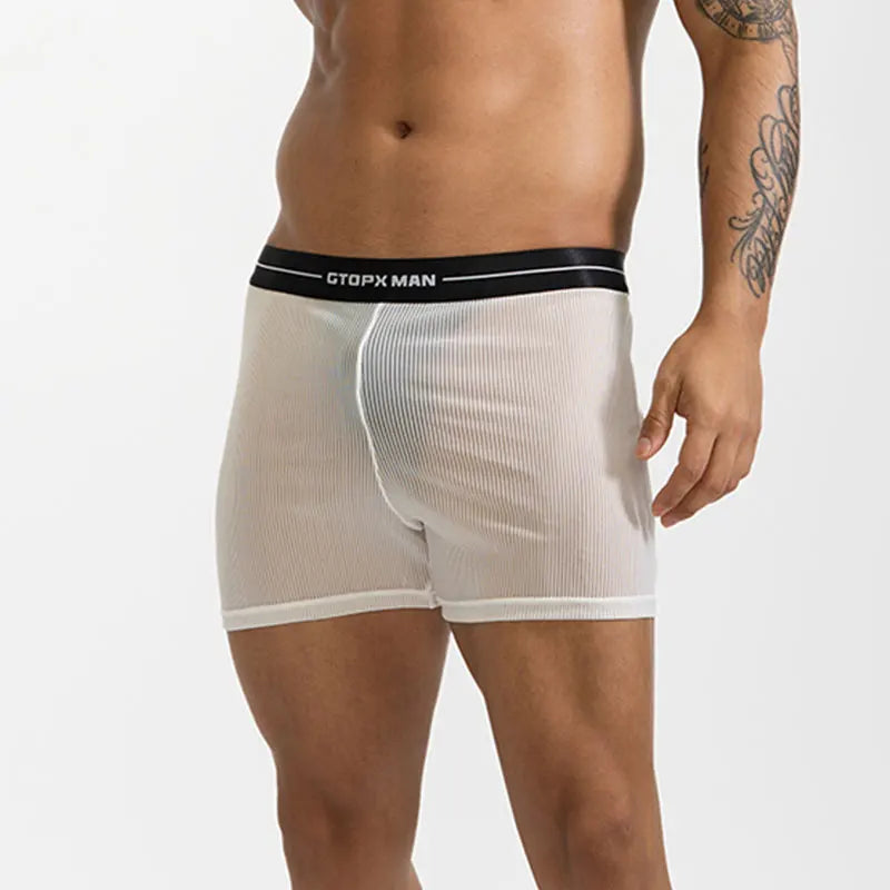Mens Sexy Mesh Transparent Underwear Mid Waist Ultra-thin Boxer Shorts Breathable Panties Homewear Arrow Pants Solid Underpants