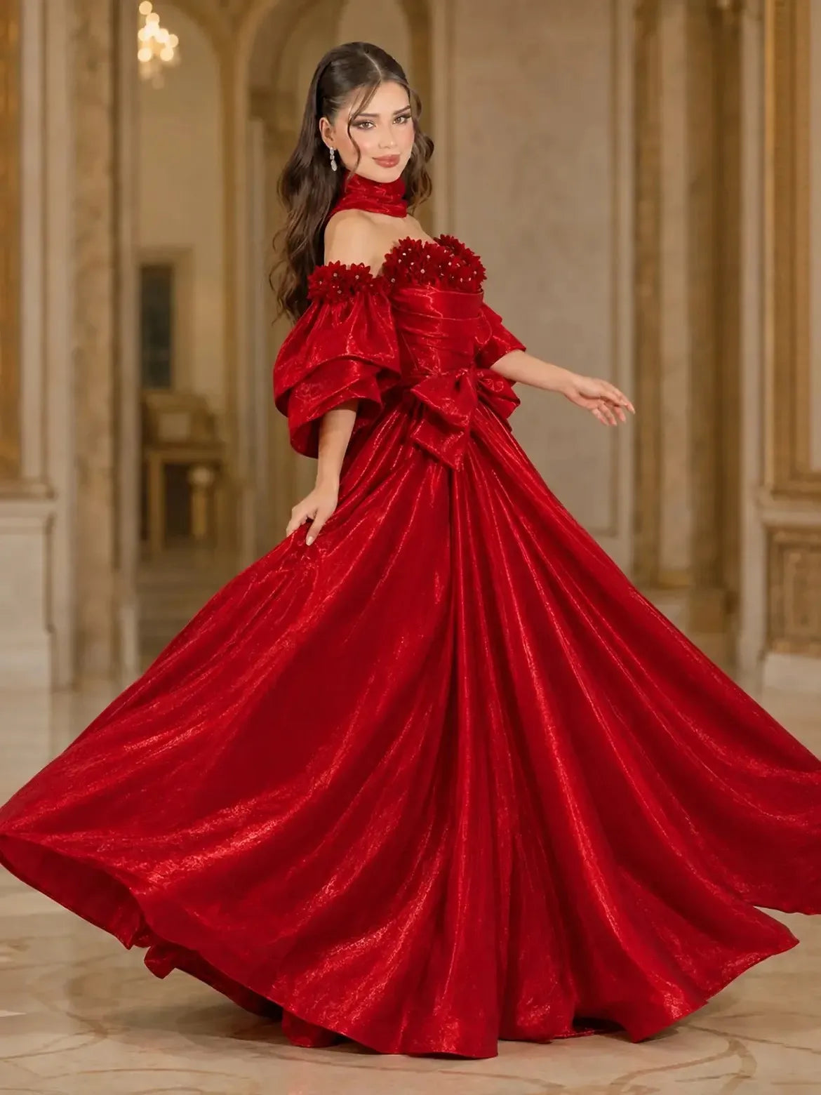 Red Off Shoulder Shiny Satin Evening Gown 3D Floral Puff Sleeve Big Bow