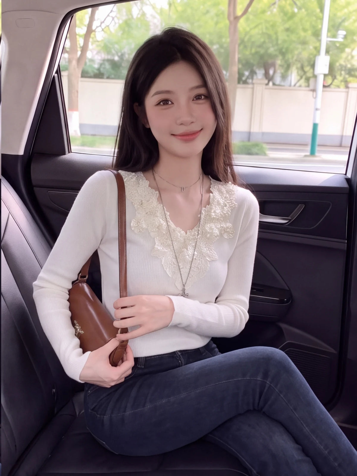 Heavy Embroidery Lace Beaded Knitwear V-Neck Long Sleeve Women's Fashion Slim Fit Base Shirt Autumn Season Polyester Fiber