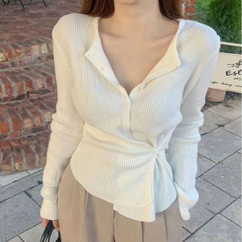 Women's Knitted Sweater 2025 New Style Versatile Simple  Cream Yellow Trendy Two-Way Wear Thin Top Commute Style Long Sl...