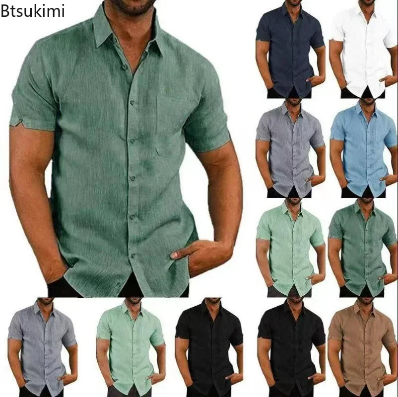 2026 Men's Summer Casual Short Sleeved Shirt Solid Button Up Shirts Male Streetwear Trun-Down Collar Slim Fit T-Shirts for Men