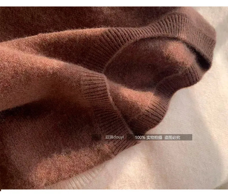 100% pure wool undershirt women's autumn and winter round-neck sweater loose high-end knitted pullover top women