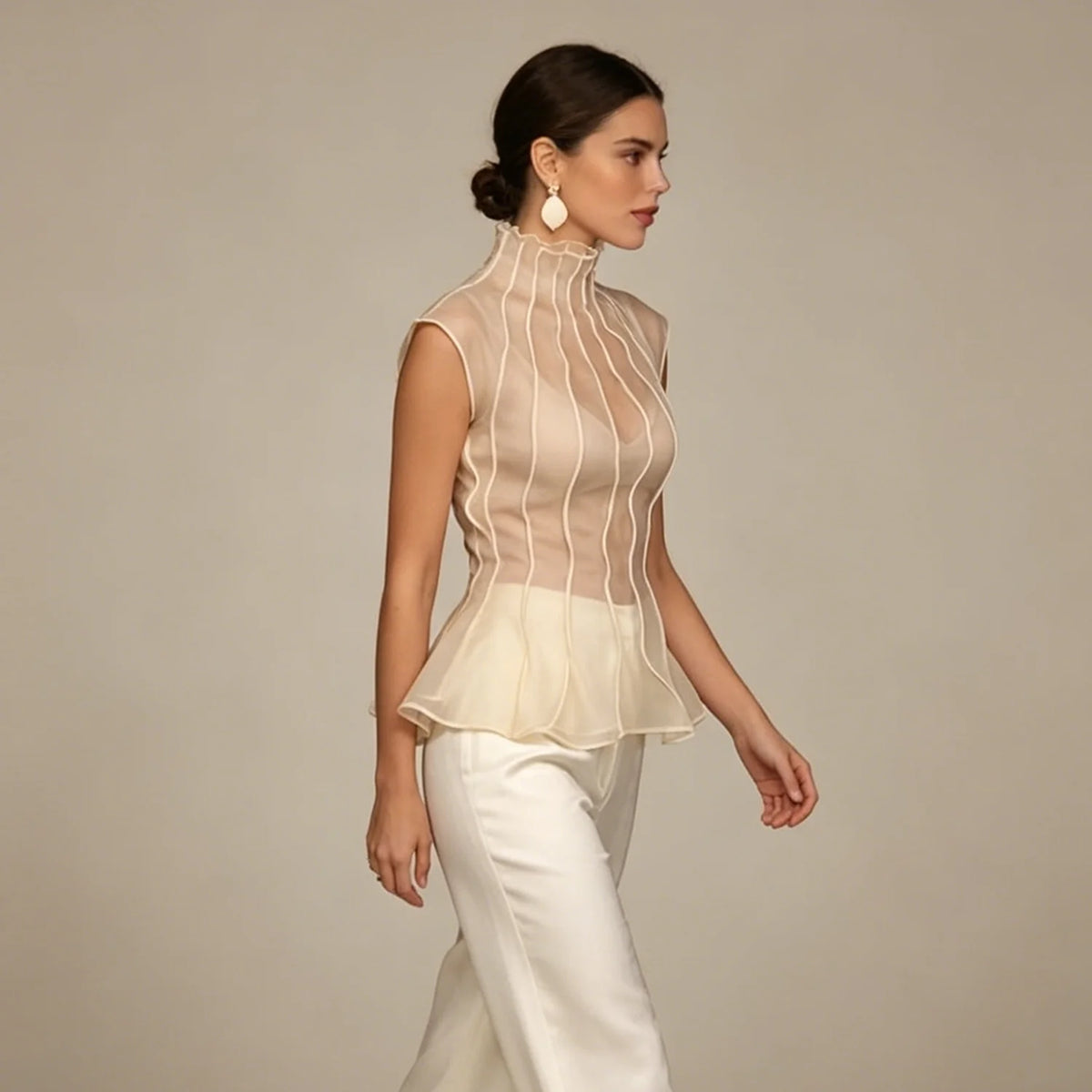 LIMO Women Sheer Organza Blouse Sleeveless High Neck Ruffle Peplum Top