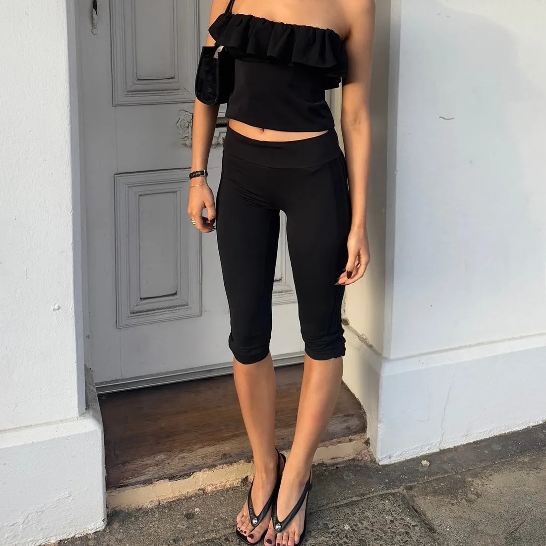 Women Solid Fold Over Waistband Capri Leggings Low Rise Split Hem 3/4 Length Skinny Pants Casual Summer Streetwear Yoga Pants