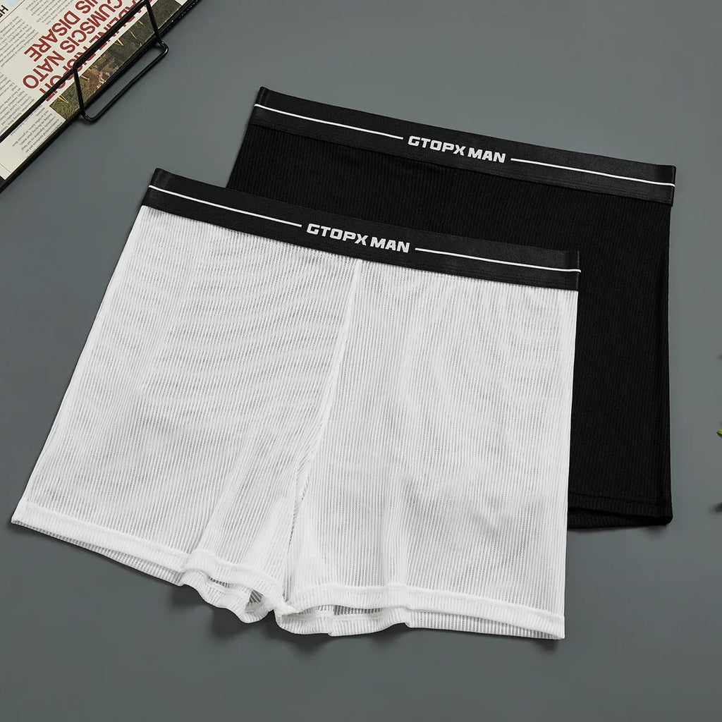 Mens Sexy Mesh Transparent Underwear Mid Waist Ultra-thin Boxer Shorts Breathable Panties Homewear Arrow Pants Solid Underpants