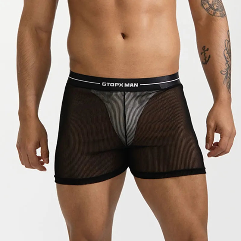 Mens Sexy Mesh Transparent Underwear Mid Waist Ultra-thin Boxer Shorts Breathable Panties Homewear Arrow Pants Solid Underpants