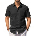 Men's Cotton Linen Shirt Summer Short Sleeve Button Up Hawaiian Lightweight Shirts Vacation Casual Lapel Collar Tops