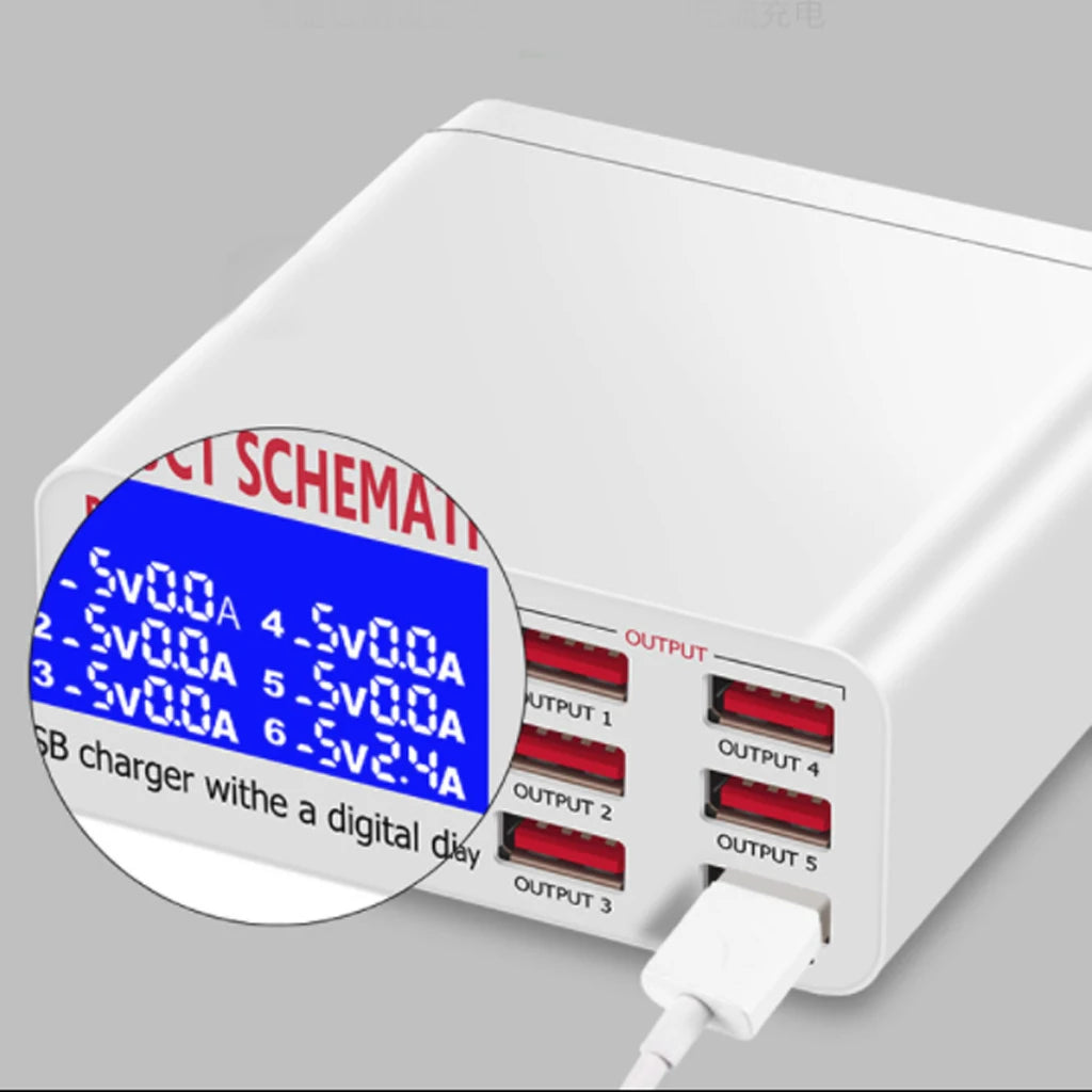 6-Port USB Charger Hub Fast Charging Station With LED Display Screen For