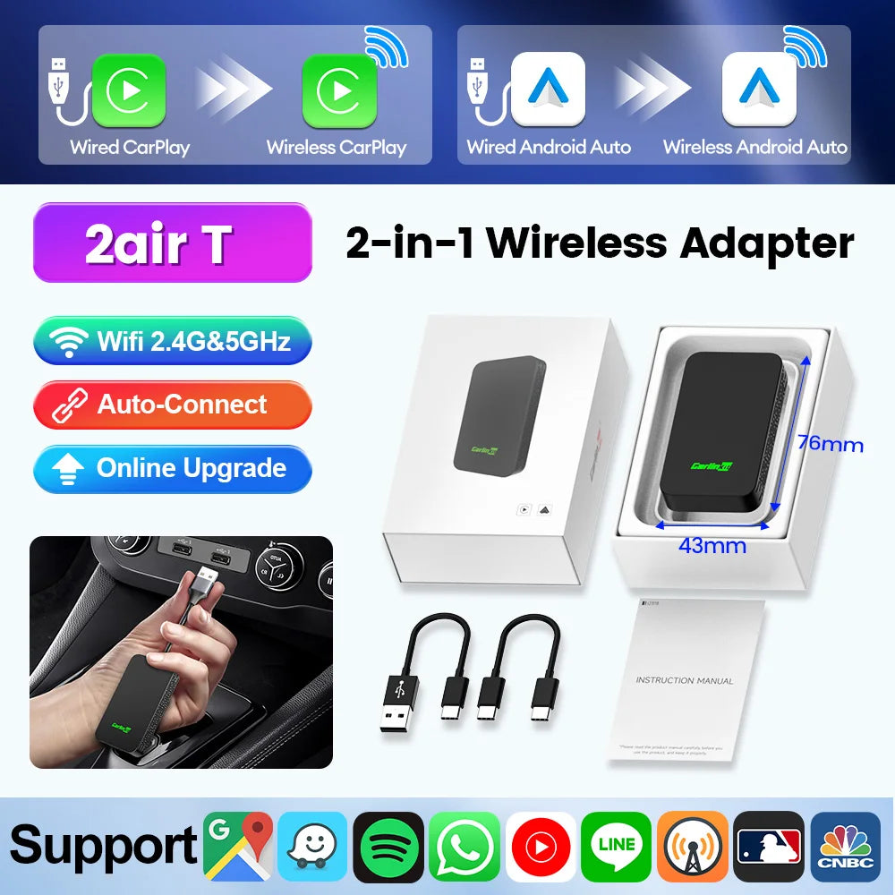 CarlinKit 5.0 2Air Wireless CarPlay Android Auto Wireless Dongle For Car Radio With Wired CarPlay/Android Auto WIFI USB Port
