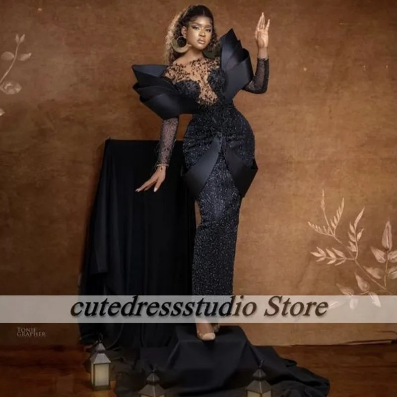Nigerian Women Black Evening Dresses Beading Mermiad Wedding Party Gowns