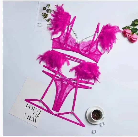 POPEYE Woman Bra Underwear 3 Pieces Erotic Lace Embroidery Feather