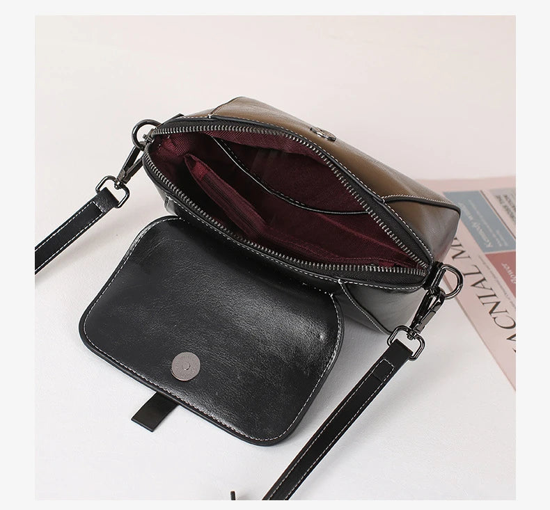 Oil Wax Cowhide Leather Cross Body Small Bag for Women Fashionable and Versatile Shoulder Shell Hand Bag Ladies Casual Phone Bag