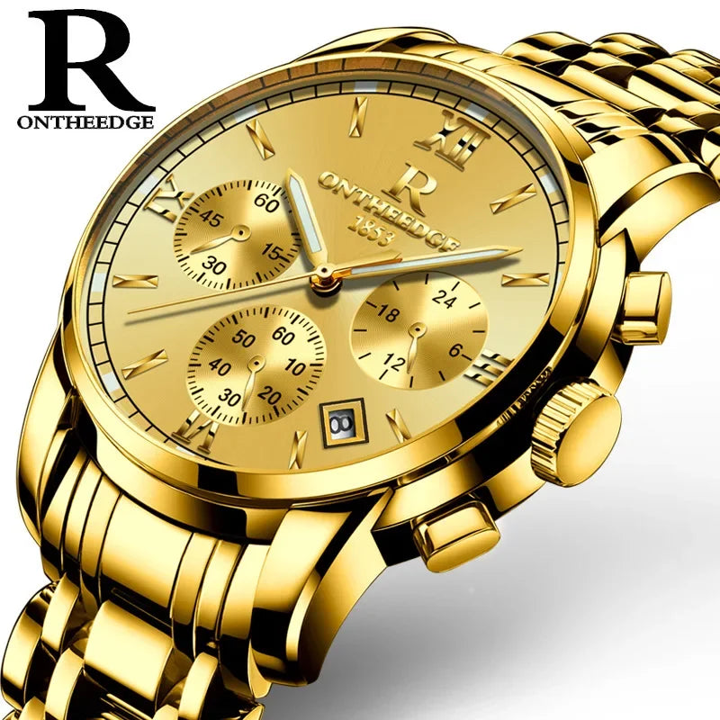 ONTHEEDGE Mens Watches Top Brand Luxury Business Quartz Watch Men All Steel Blue Face Waterproof Chronograph Relogio Masculino