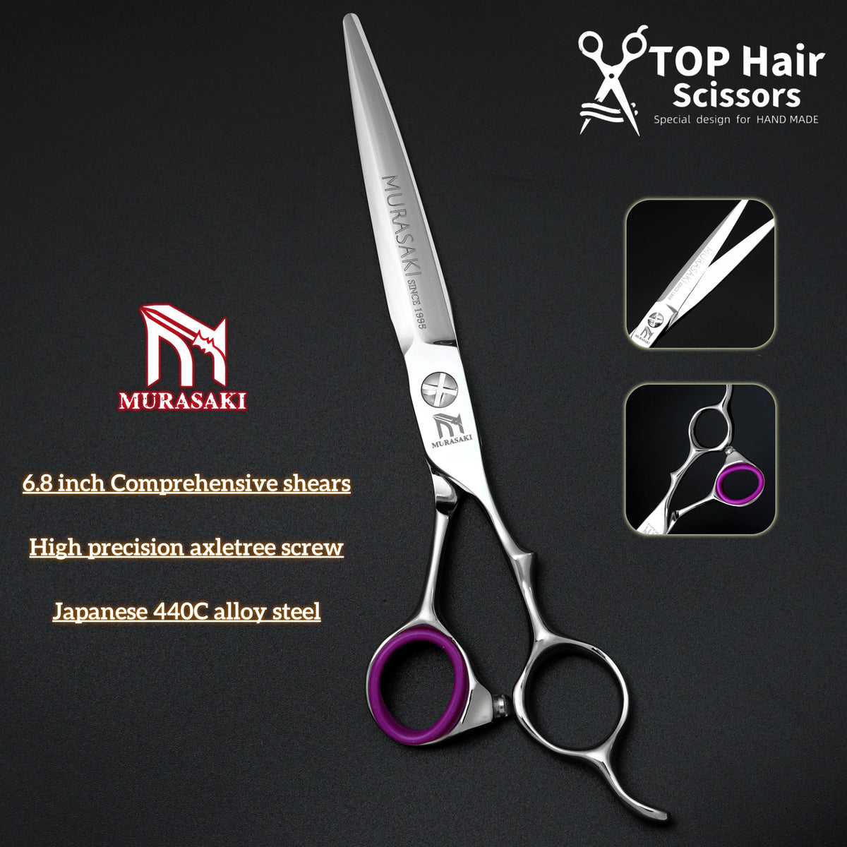 MURASAKI Professional Barber Scissors，6.0 Inch Japanese 440C Steel Hairdressing Scissors，Salon High-Quality Hair Cutting Tools