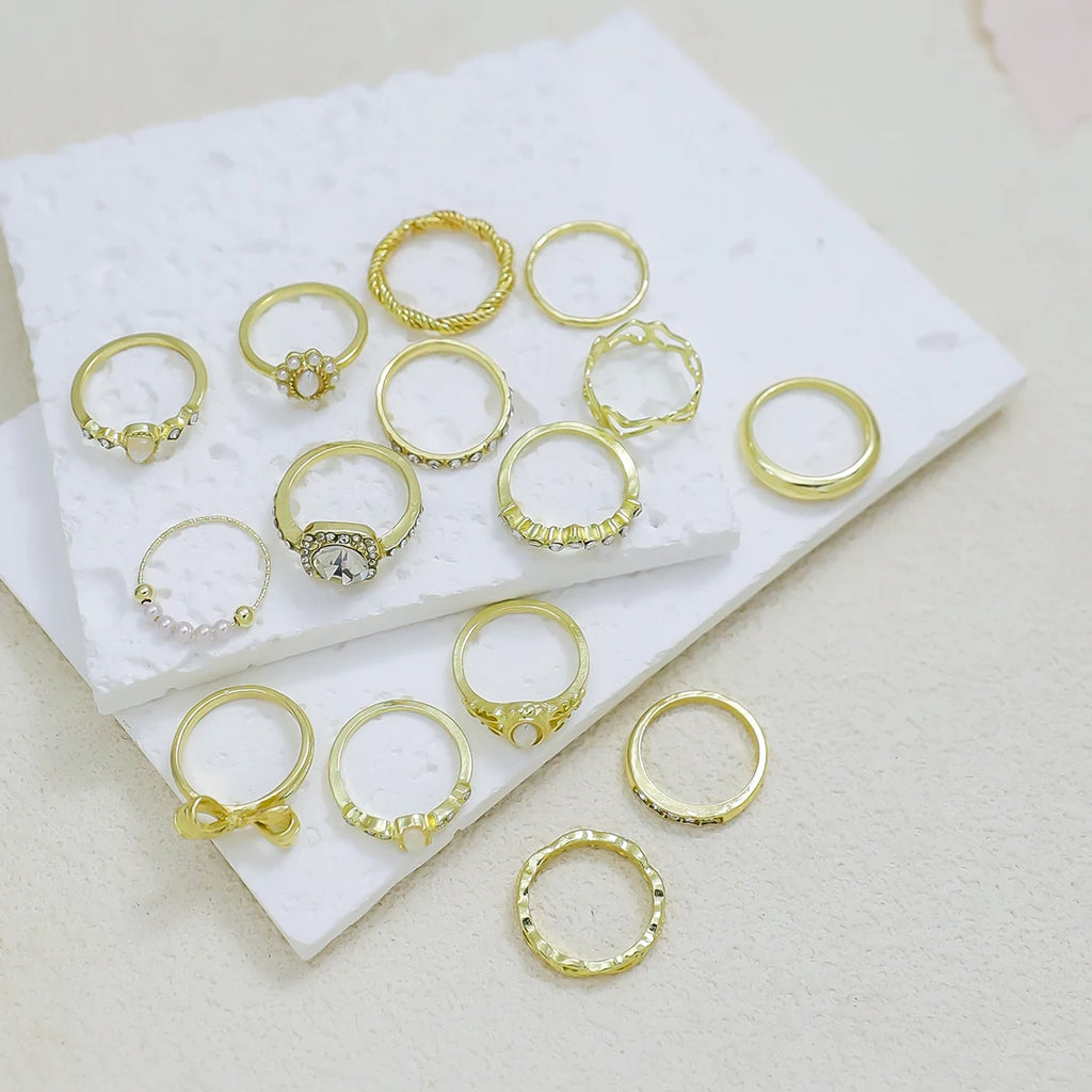 15pcs/Set Gold Rings With Bow, Flower, Leaf And Faux Pearl Designs,