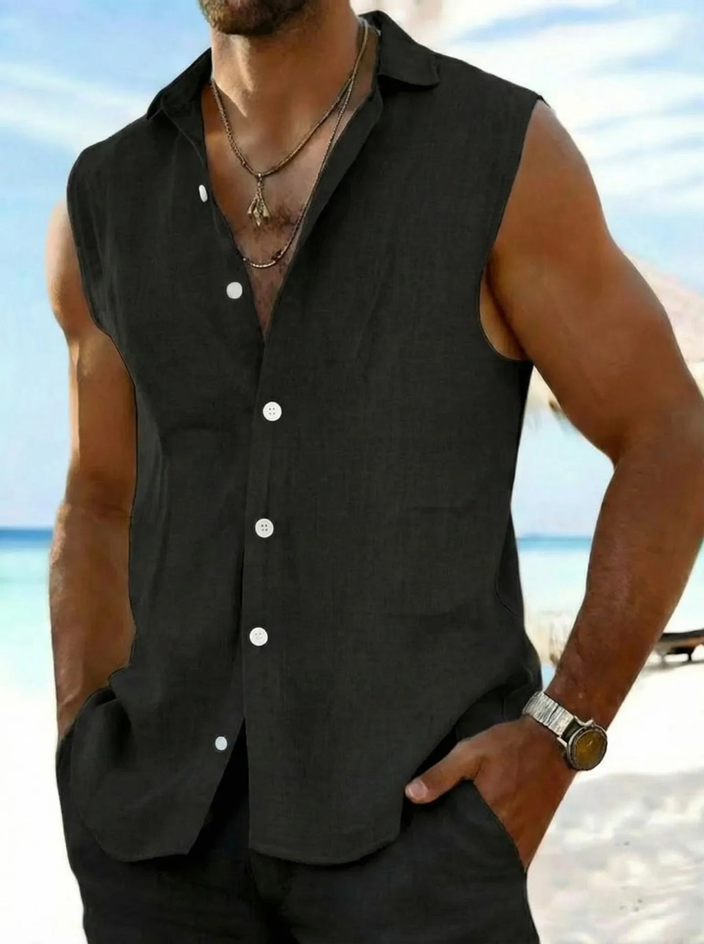 Male 2026 New Men's Sleeveless Cotton Linen Shirt Turn Down Collar Button Up Casual Beach Tops