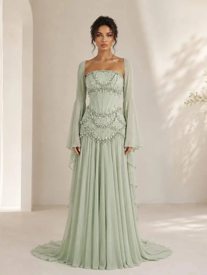 Dresses For Woman Evening Dresses Strapless Beaded Corset Chiffon Dress