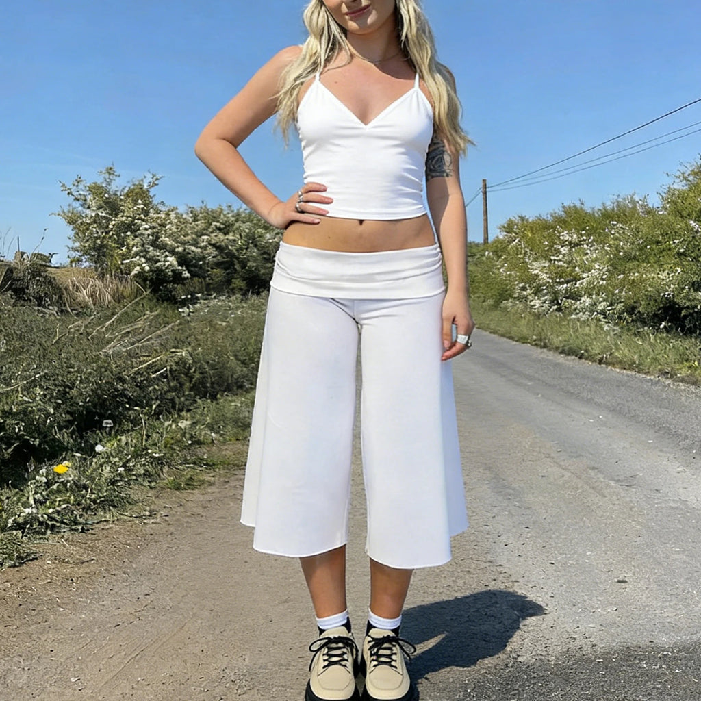 Summer Gaucho Pants Women Fold Over Cropped Capri Pants Low Rise Wide Leg Yoga Capris Palazzo Culotte Stretch Bottoms Streetwear
