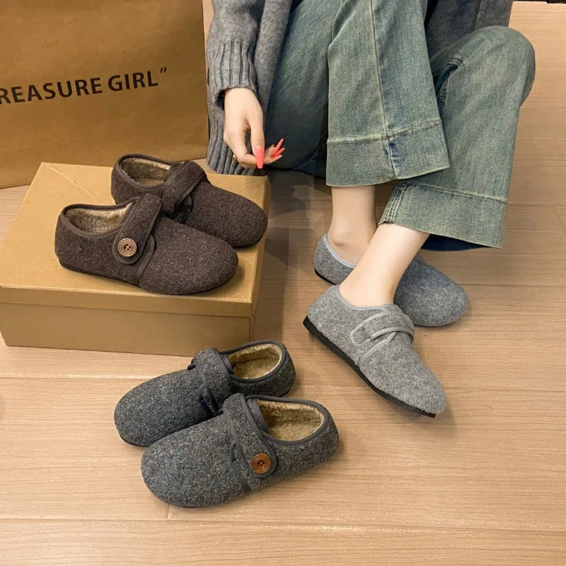 Winter fashion retro round-top fleece outerwear style comfortable casual versatile flat-bottomed elegant women's single shoes