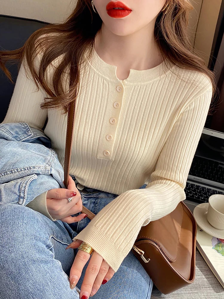 Knitted Women Sweater O-Neck Button Pullovers Spring Autumn Basic