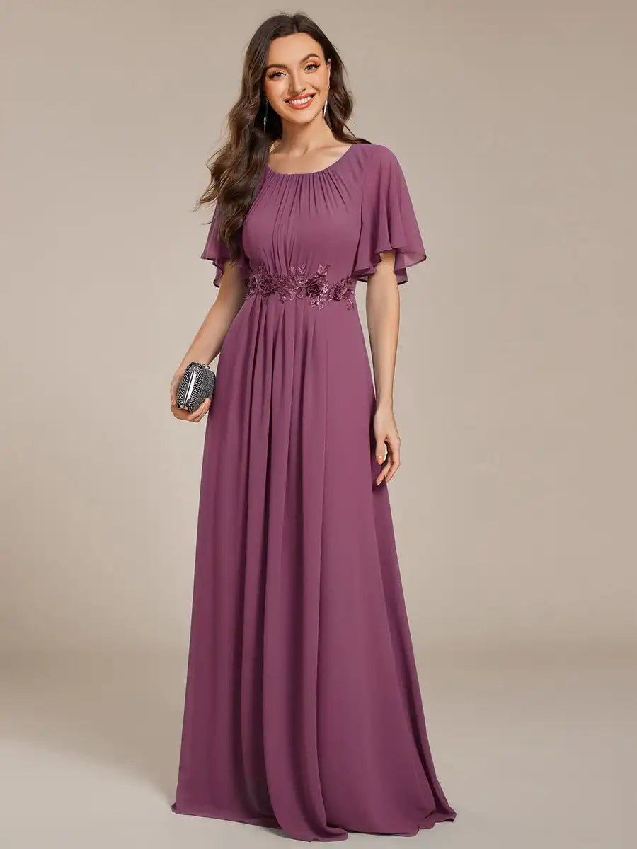 Evening Dresses Short Sleeves Pleated Applique Floor-Length Ever Pretty