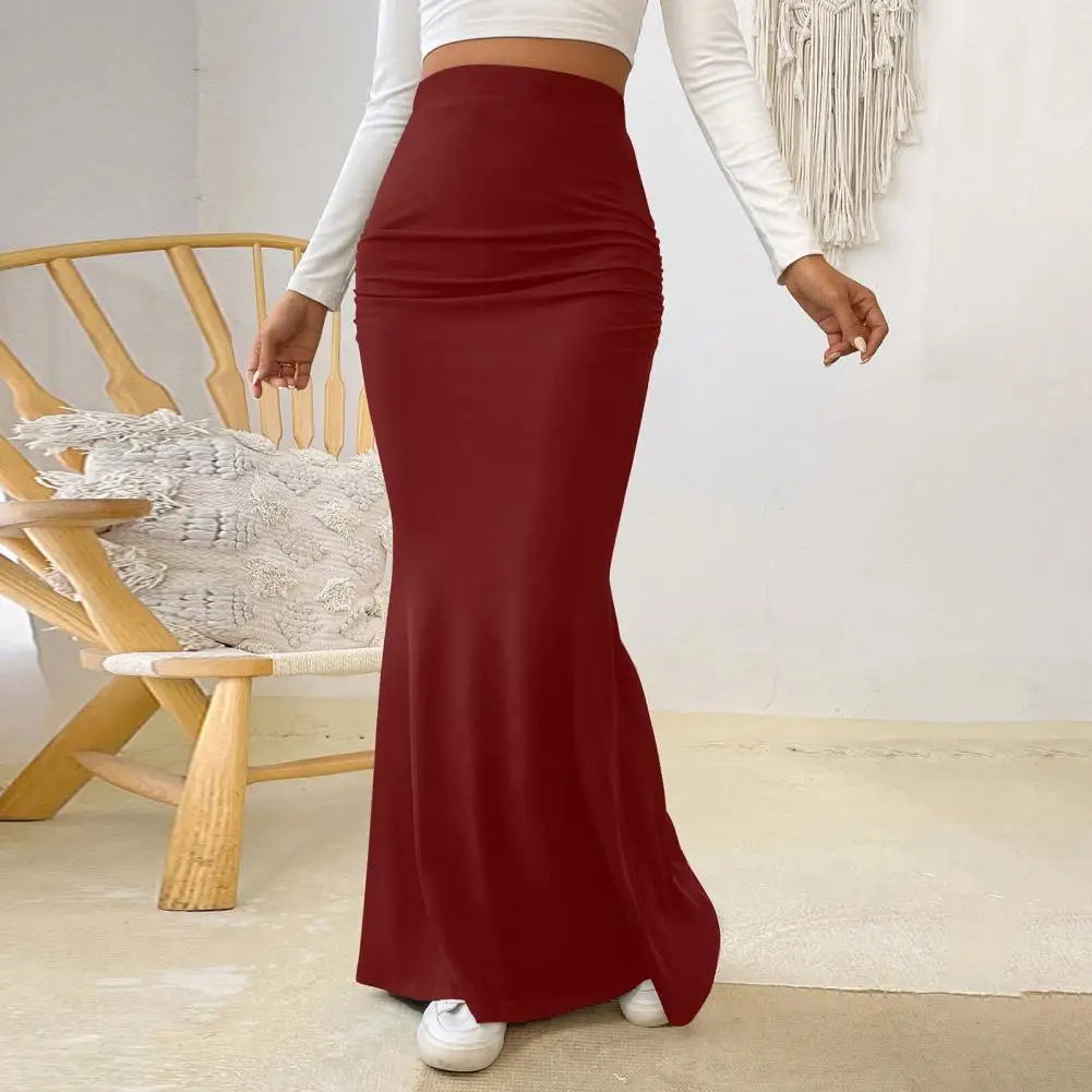 Women Maxi Skirt Solid Color High Waist Knitted Women's Fishtail Skirt Long Skirt Spring Autumn Elegant Shirring Design Skirts
