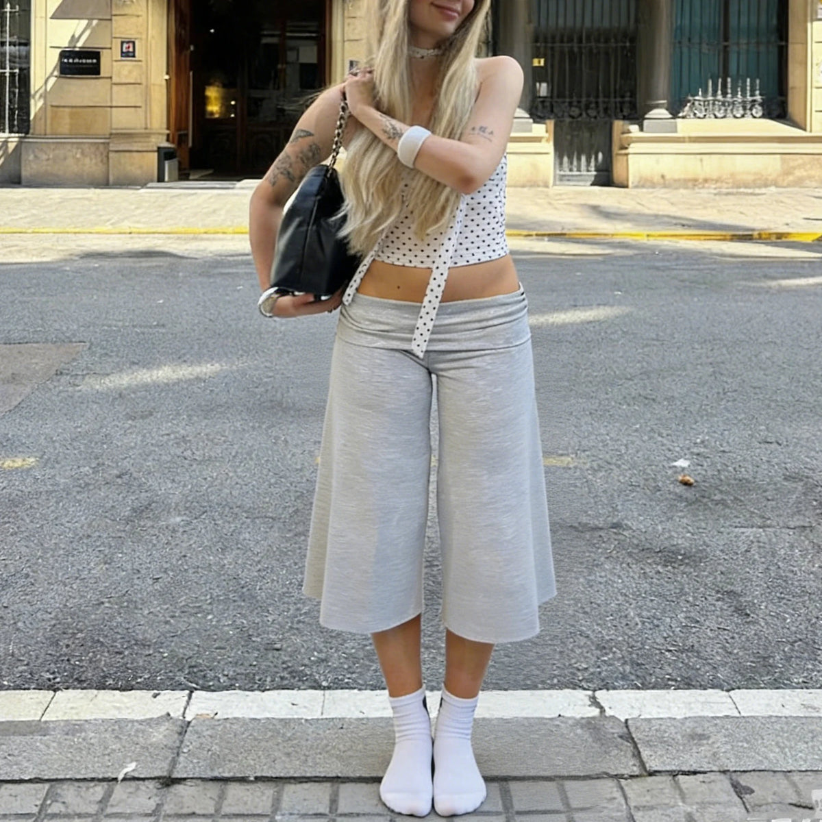 Summer Gaucho Pants Women Fold Over Cropped Capri Pants Low Rise Wide Leg Yoga Capris Palazzo Culotte Stretch Bottoms Streetwear