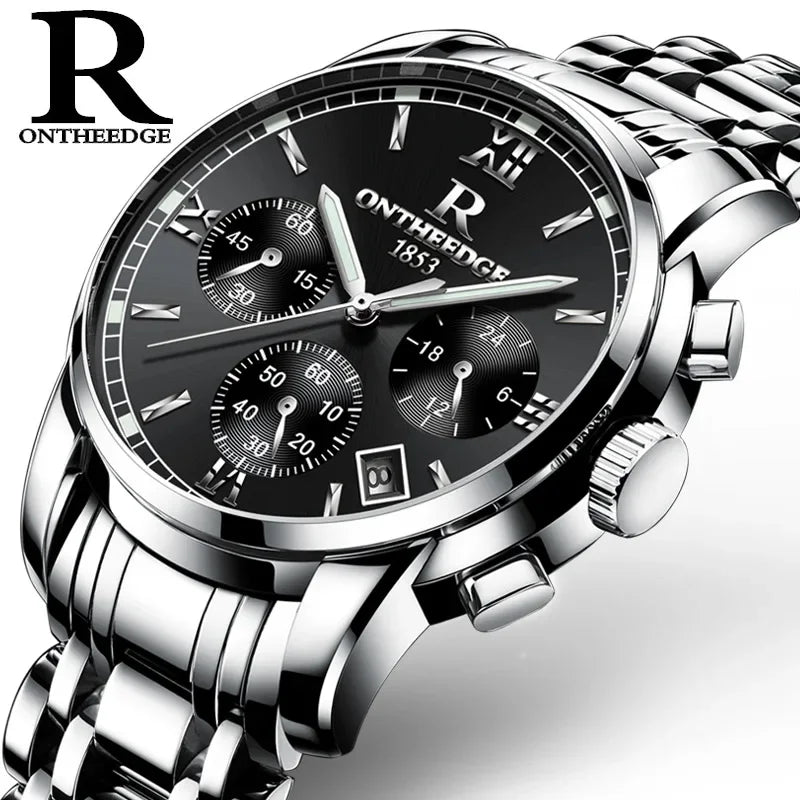 ONTHEEDGE Mens Watches Top Brand Luxury Business Quartz Watch Men All Steel Blue Face Waterproof Chronograph Relogio Masculino