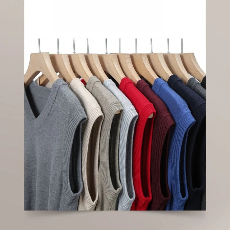 Casual Sweater Vest Knitwear for Men V-Neck Solid Sleeveless Pullover Smart Casual Knitted Waistcoat Streetwear Outerwear Tops